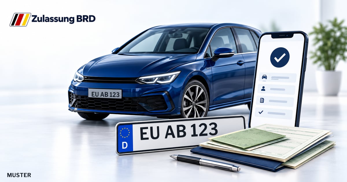 Online Fahrzeugzulassung in Schleiden: Musterkennzeichen EU AB 123, Auto und Fahrzeugpapiere und Smartphone. Illustration mit Logo von Zulassung BRD.